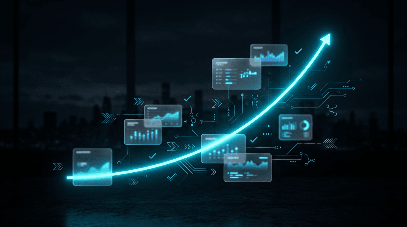 Curvas de rendimiento y elementos abstractos de flujos de trabajo que ilustran automatización y resultados de negocio